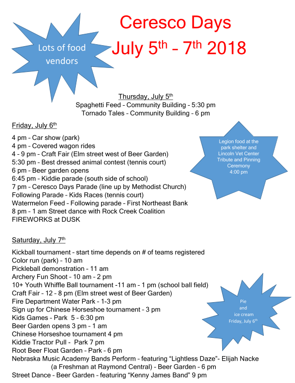Village of Ceresco 2018 Ceresco Days Schedule of Events